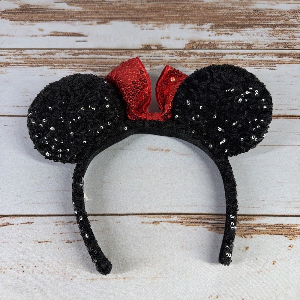 Disney Parks Authentic Minnie Mouse Black Sequin Ears Headband Red Bow